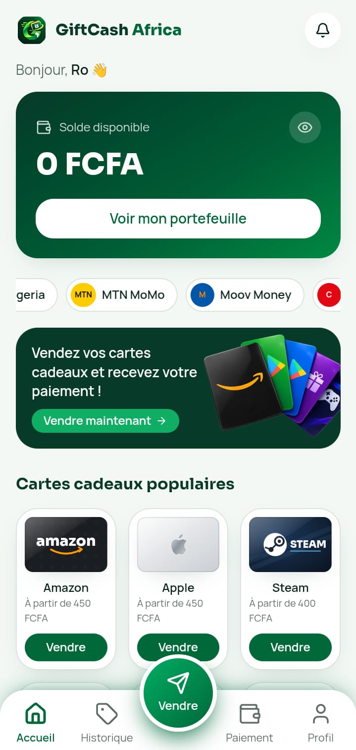 Écran d’accueil de l’application avec le solde disponible
